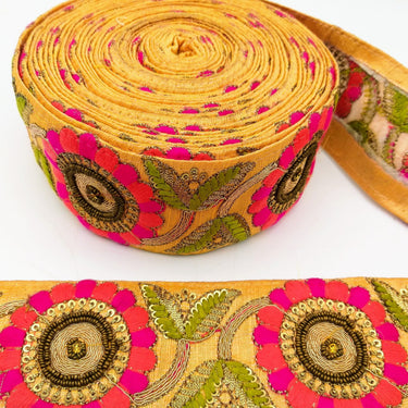 Orange Art Silk Lace Trim, Floral Embroidery in Green, Salmon and Fuchsia